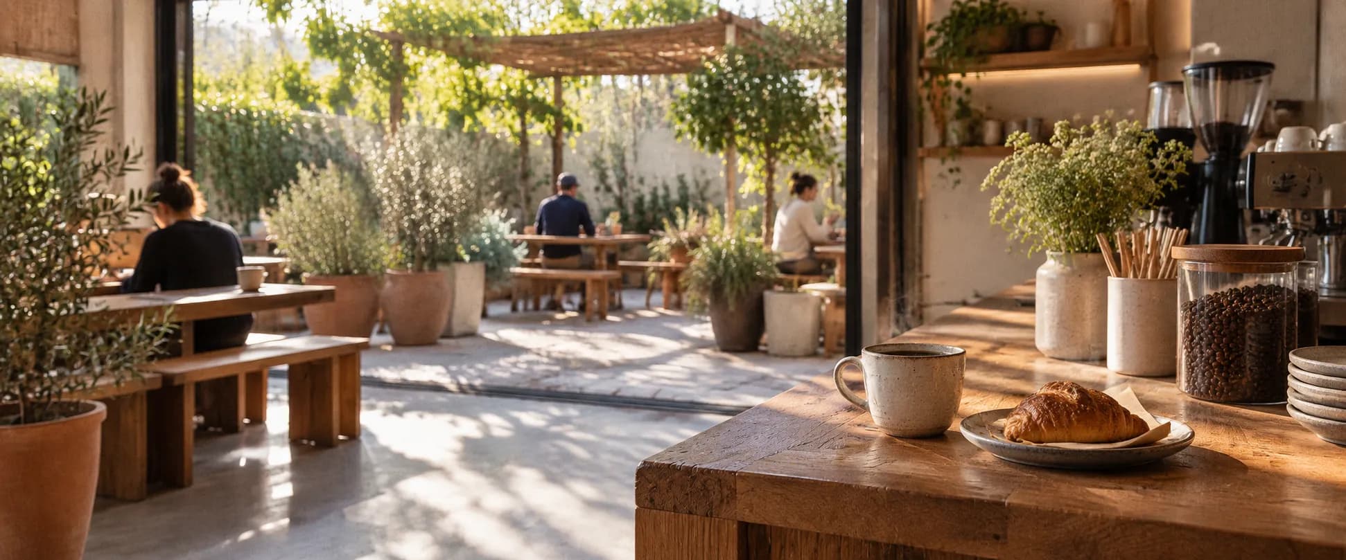 An indoor-outdoor coffee shop with a wide opening onto a shaded patio, timber benches, potted plants and morning sun