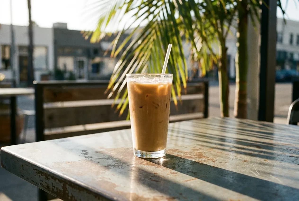 Iced latte on an outdoor cafe table in Los Angeles morning light