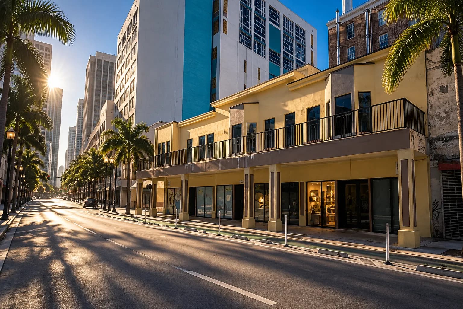 A downtown Miami street canyon early in the morning, low sun cutting between towers and striking one side, palms and long shadows below