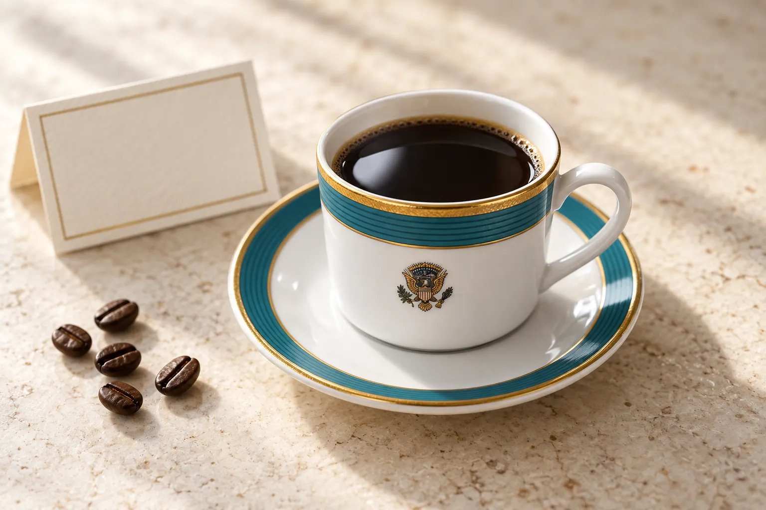 A small white cup of black coffee alone on a pale stone counter with a folded card and a few whole roasted beans beside it