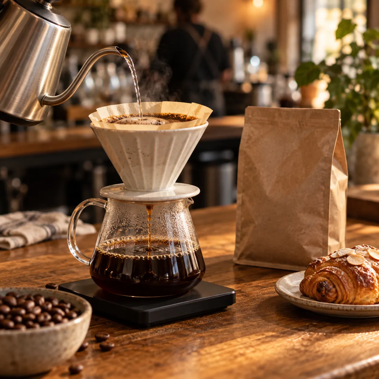 A pour-over coffee being brewed into a glass carafe on a wooden bar, beside a bag of whole beans and a small pastry plate