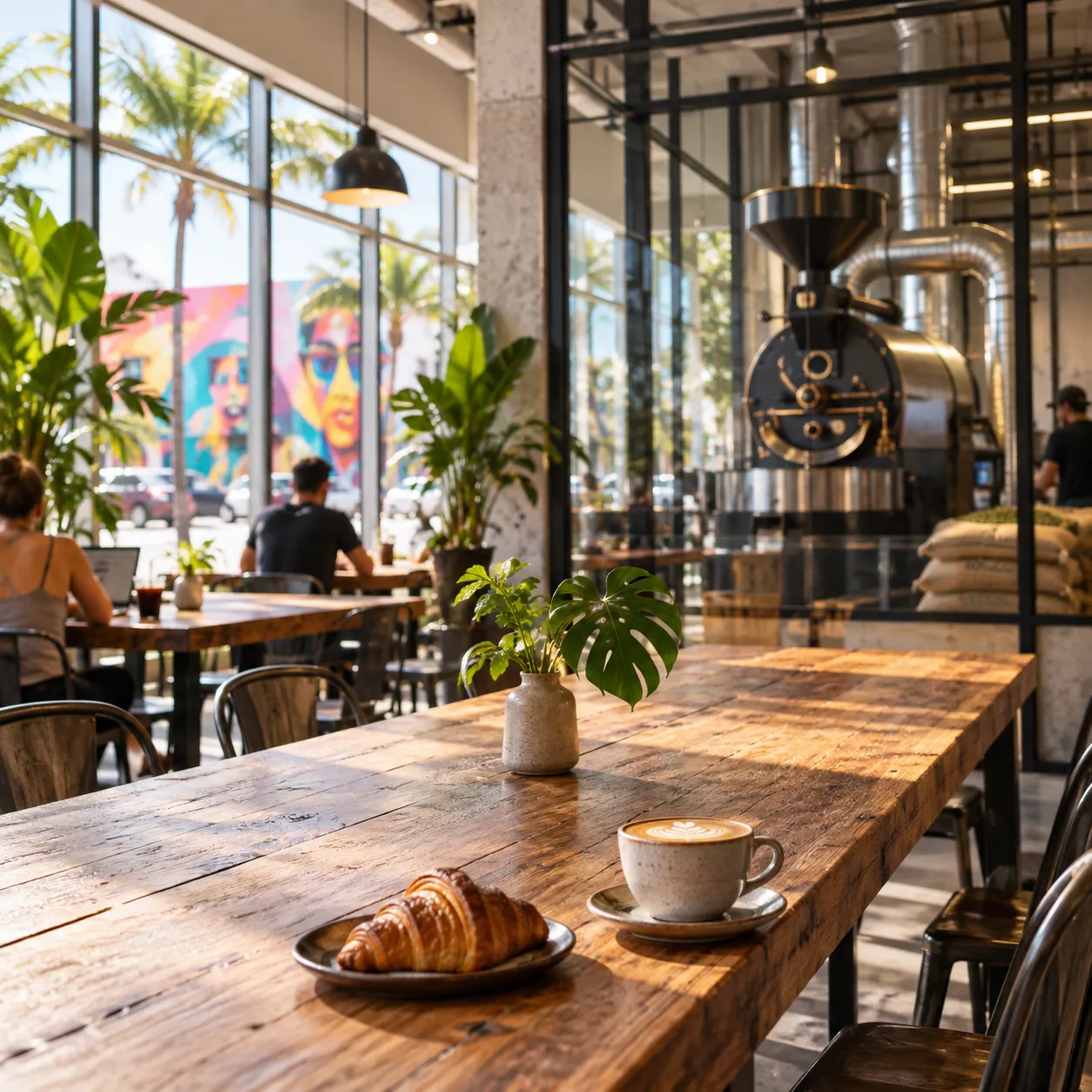 A Wynwood coffee shop interior with a drum roaster behind glass, communal wooden tables and large windows onto a mural-covered street