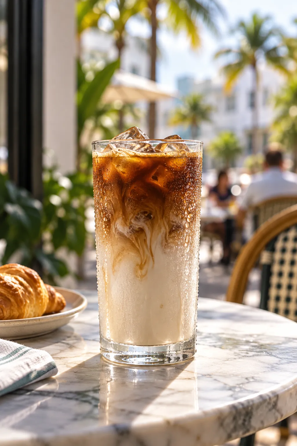 An iced cafe con leche in a tall glass with layered espresso and milk, condensation on the sides, on a small marble table
