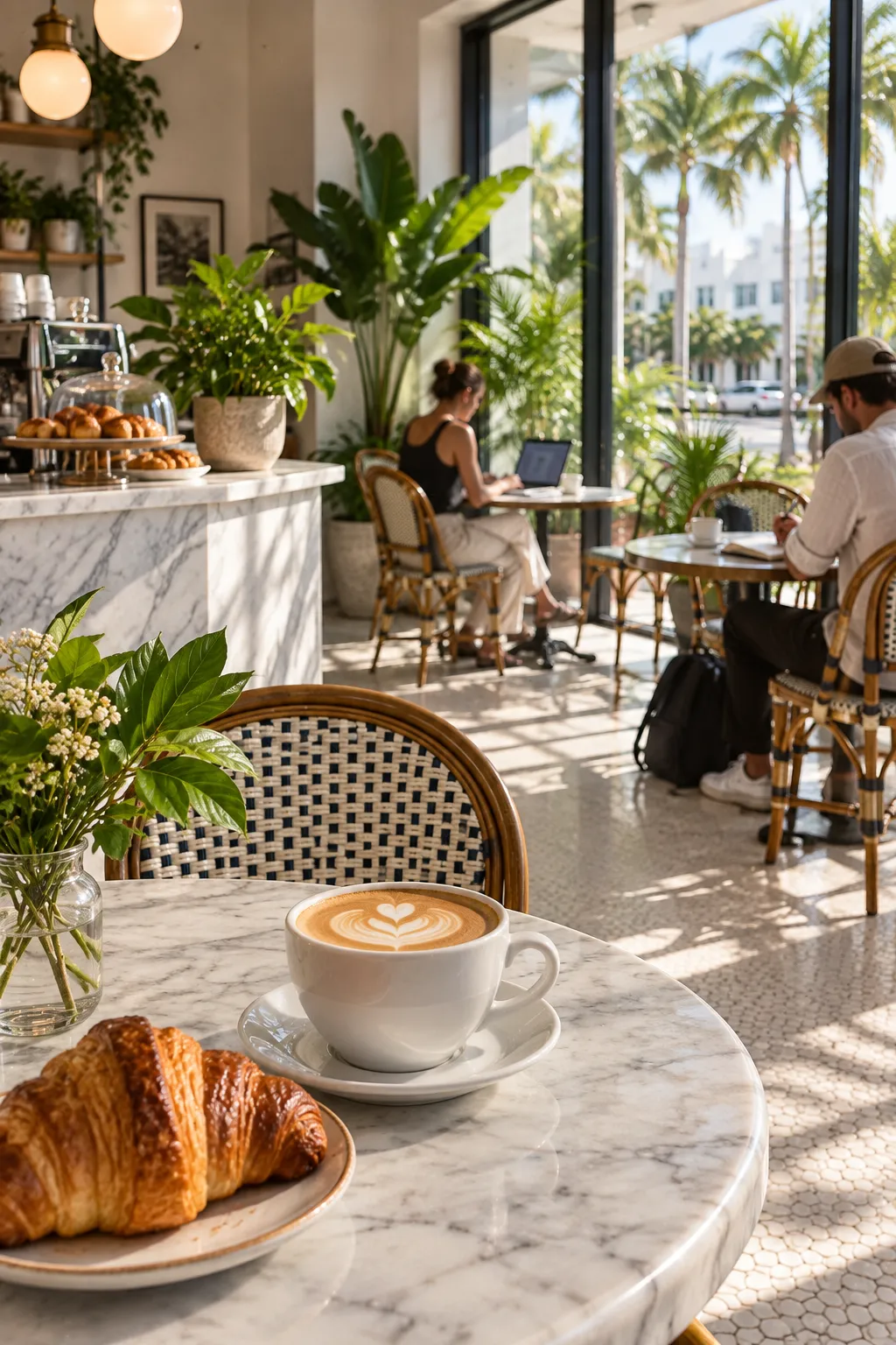 A compact Miami Beach café with a marble counter, potted plants, morning light through a glass front and two people working at small tables