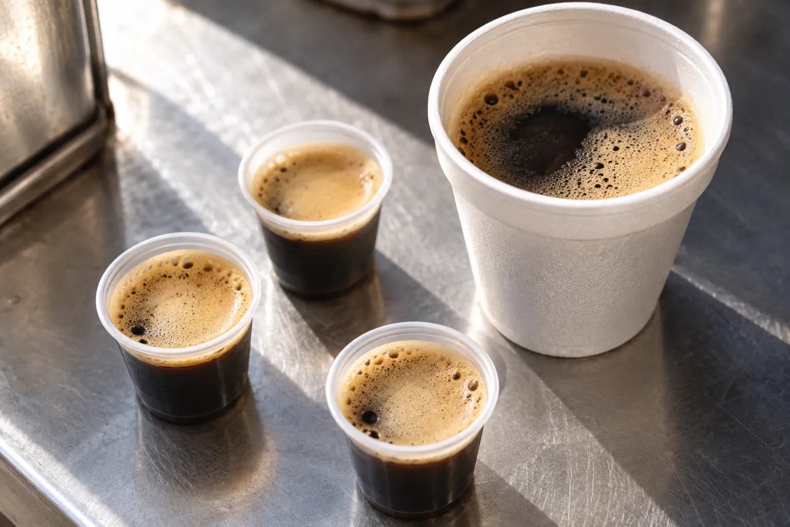 Several tiny thimble cups of dark sweet coffee topped with pale foam, grouped on a metal counter beside a larger styrofoam cup