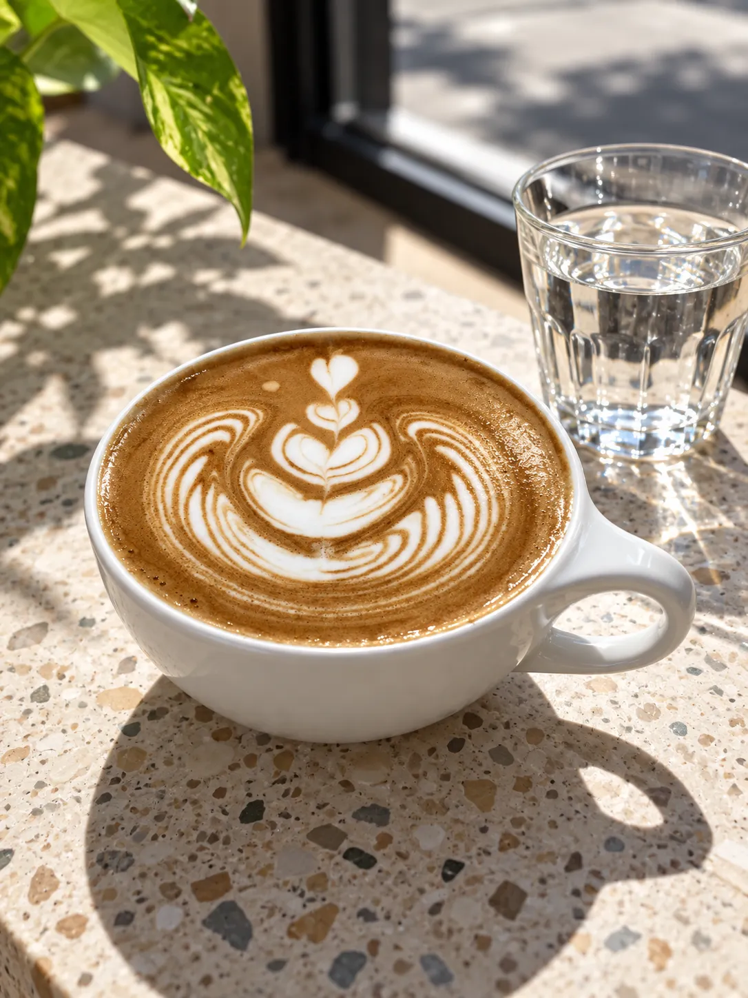 A flat white in a wide ceramic cup with a leaf pattern in the foam, on a light counter beside a small glass of water