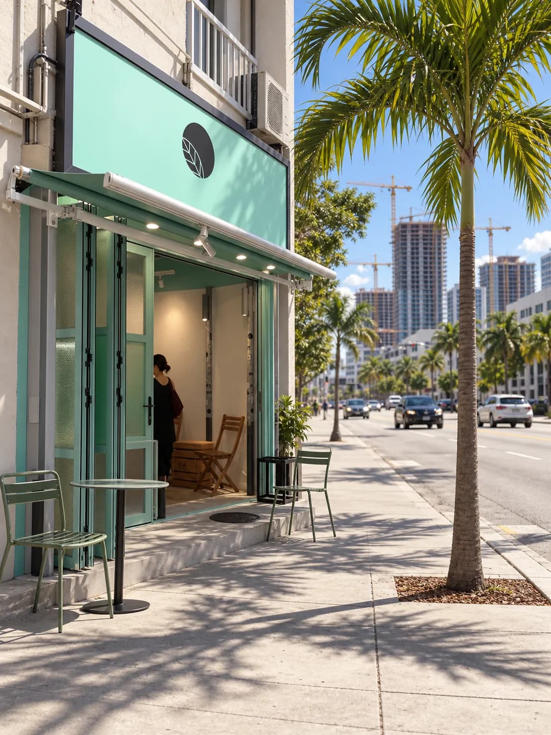 A small corner coffee shop on a wide Miami avenue, glass frontage with a few outdoor seats and construction cranes behind