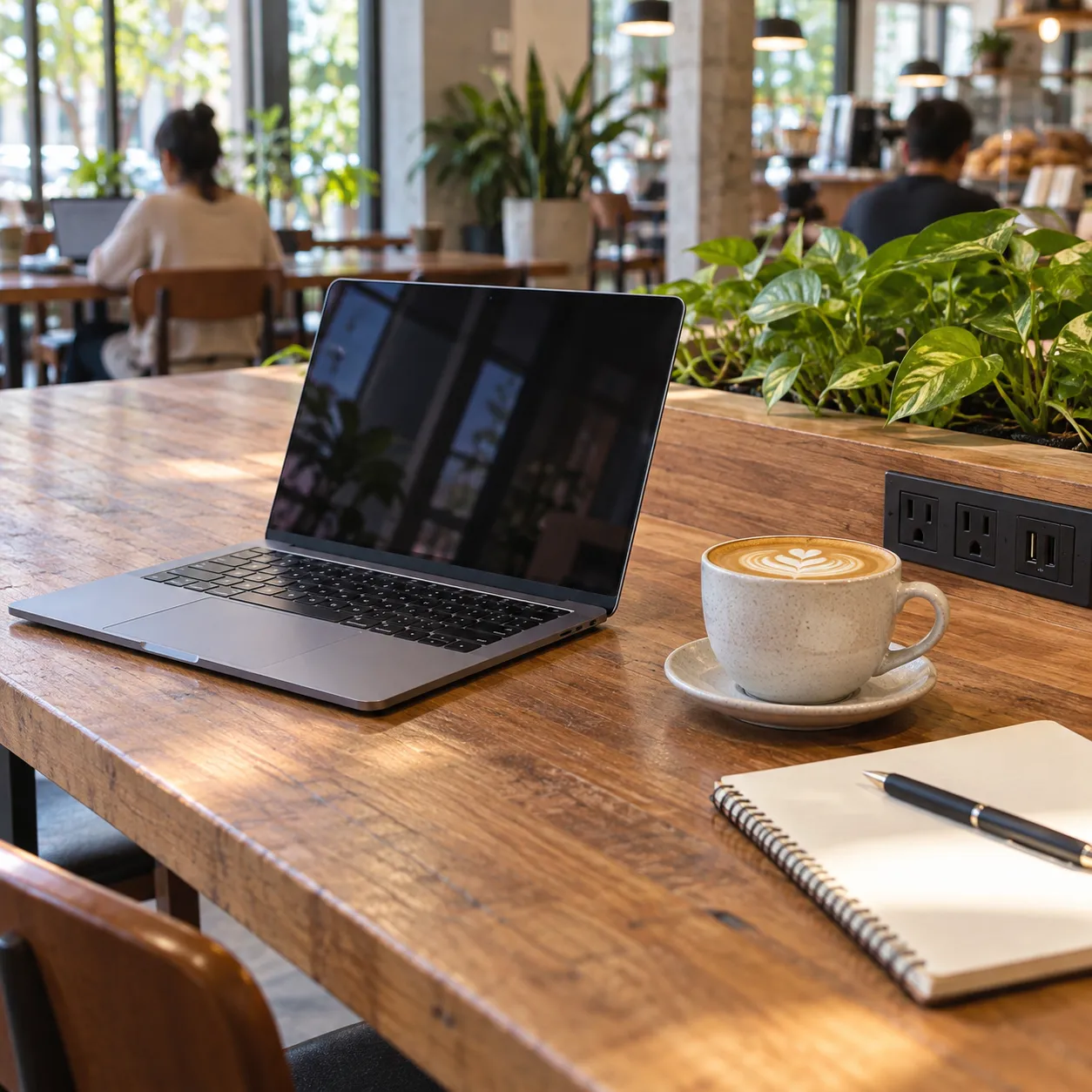 A laptop open on a communal wooden table beside a flat white and a notebook, with a power outlet strip visible along the table edge