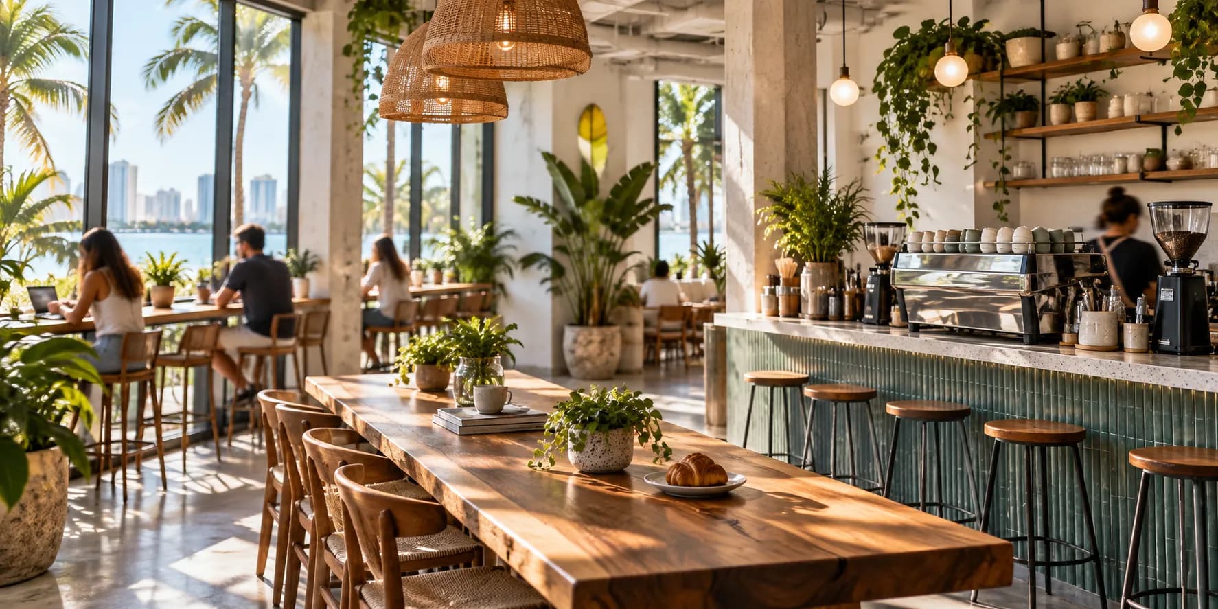 A bright Miami coffee shop with a long communal table, bar stools at a window counter and a service bar with an espresso machine