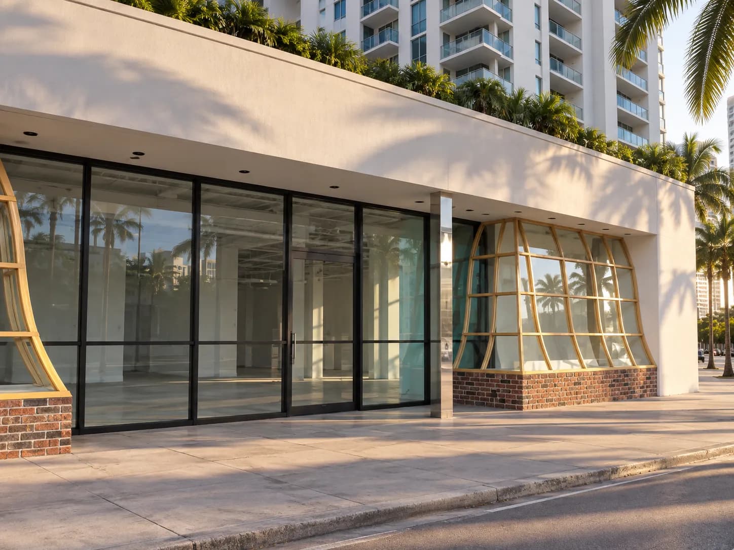 A shuttered ground-floor shopfront on a downtown street, glass frontage empty inside, morning light on the pavement