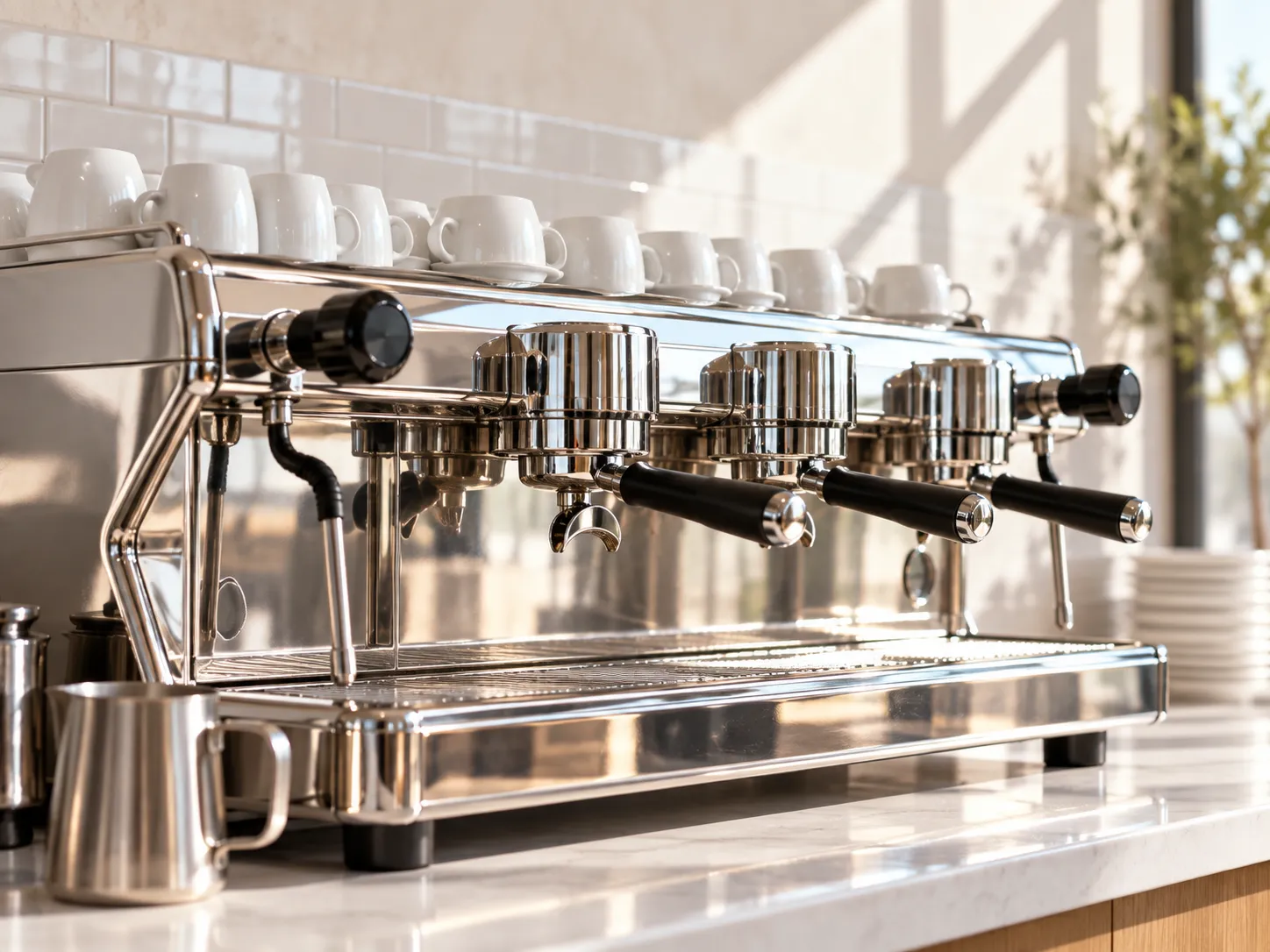 A large chrome espresso machine on a bright counter in a coffee shop, with cups stacked on top and daylight behind