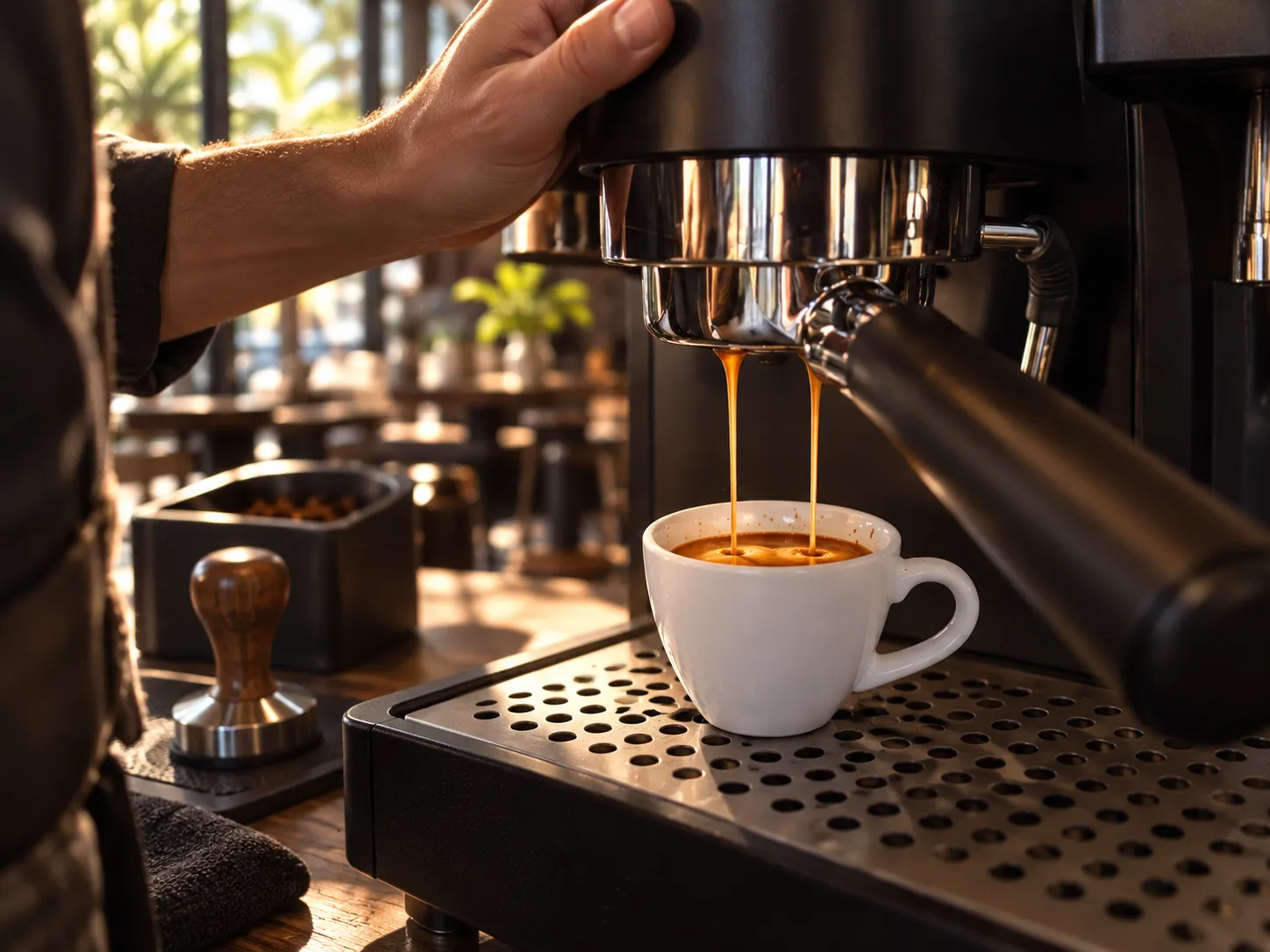 An espresso being pulled into a small cup on a matte black machine, a fine crema forming, with a coffee bar behind