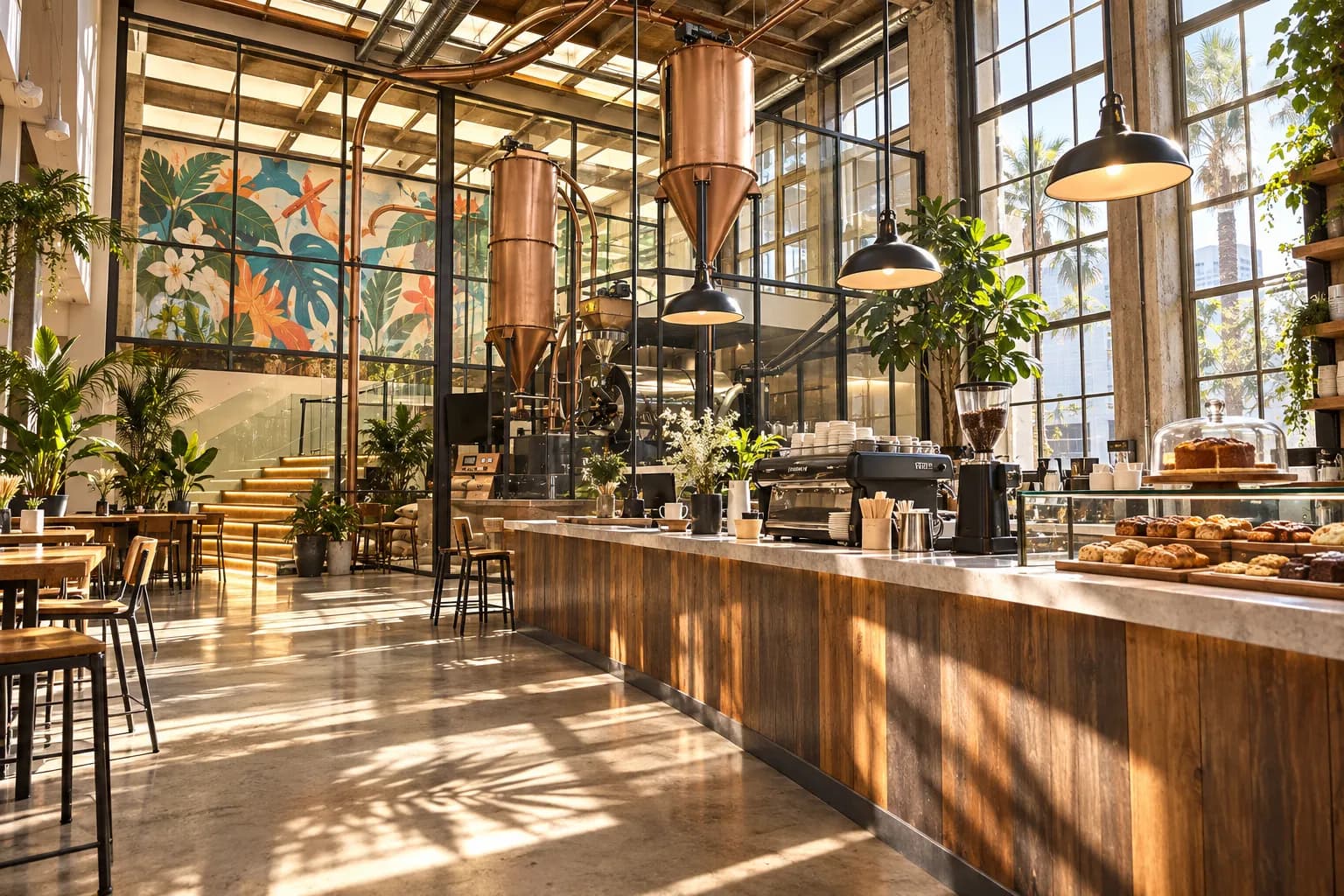 A coffee shop with a roasting drum visible behind glass, industrial windows and a mural on the exterior wall opposite