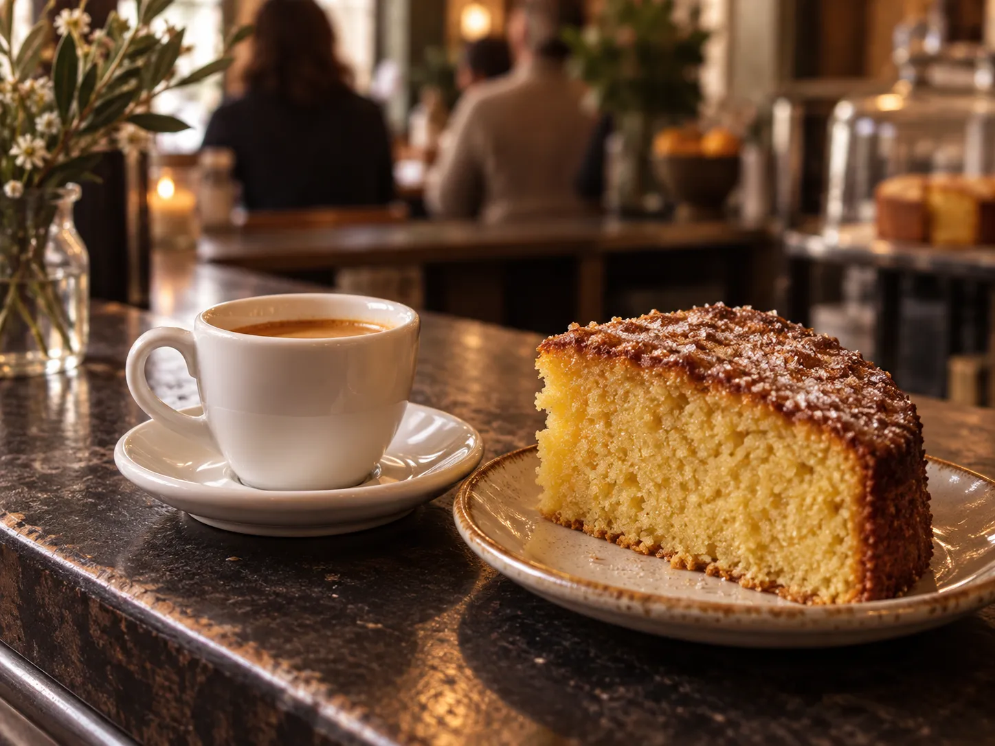 A small cup of espresso beside a thick slice of dense olive oil cake with a sugared top, on a narrow standing counter