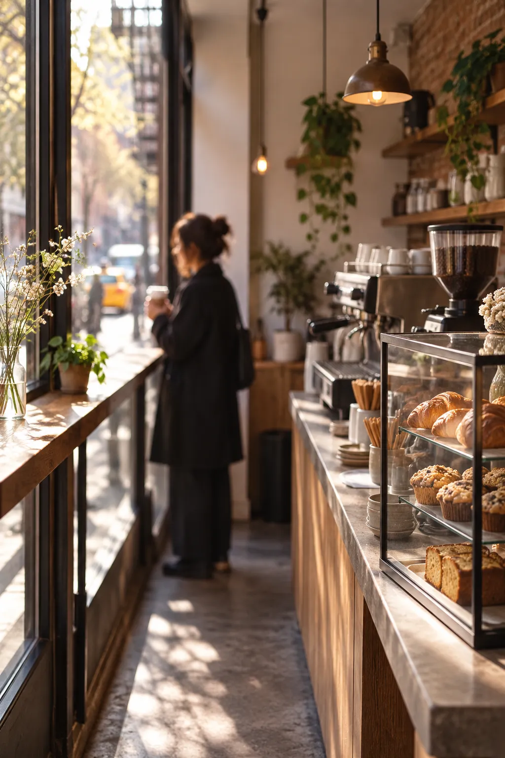 A narrow East Village coffee bar with a standing counter along the window, a small pastry case and no seating visible