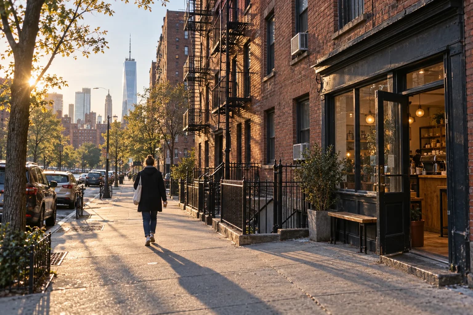 A lower Manhattan tenement street early on a weekday morning, long low light along one side and a small cafe with its door propped open