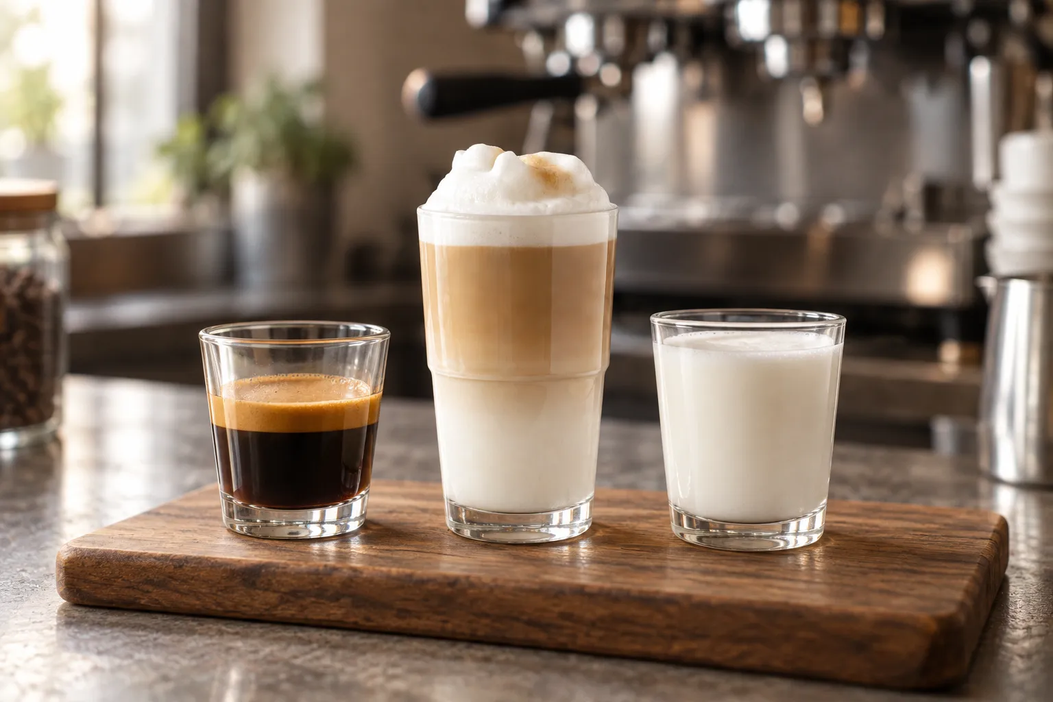 Three small clear glasses in a row on a wooden board — dark espresso, white steamed milk and a milk coffee — on a cafe counter