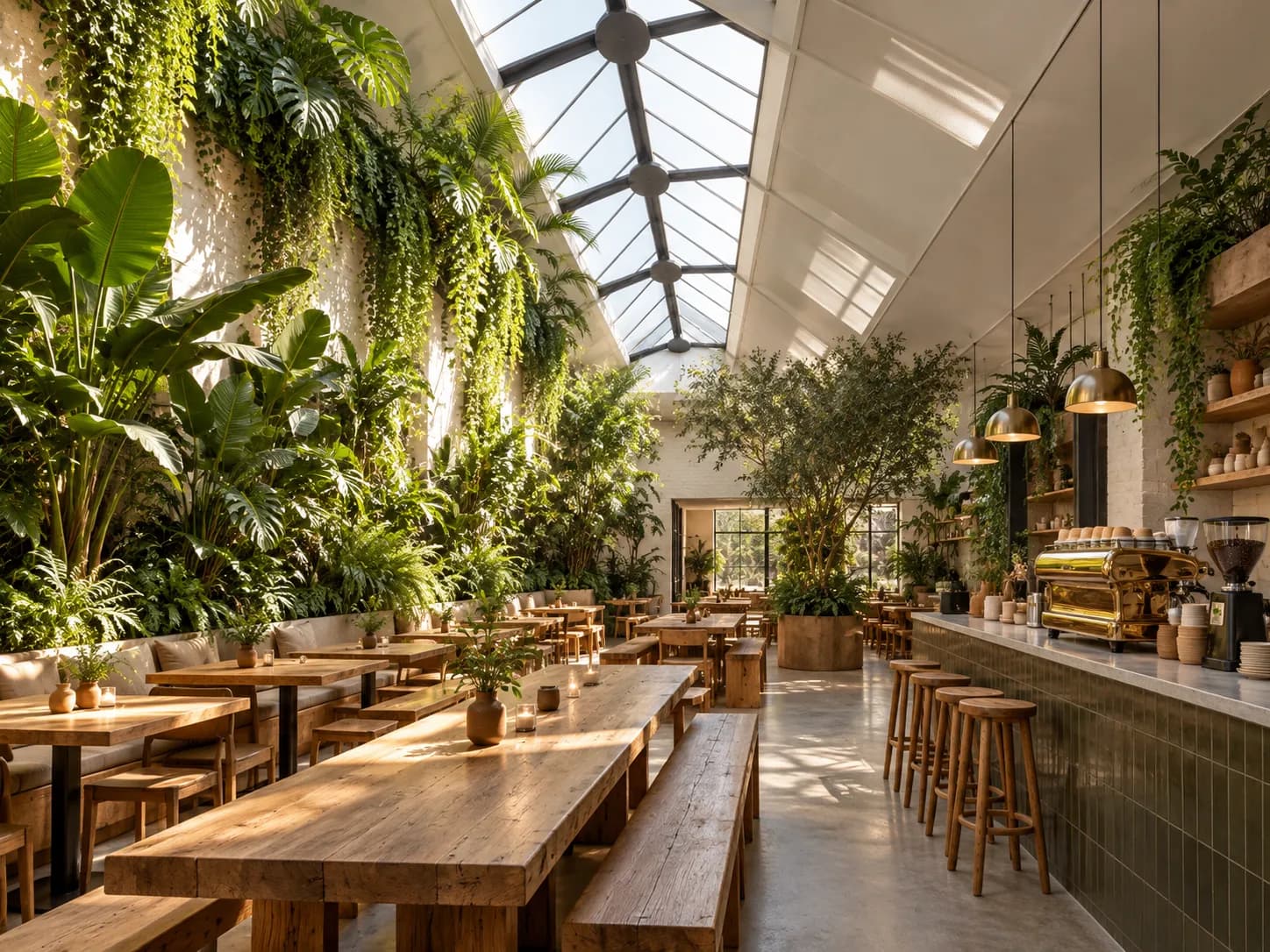 A cafe interior lit by a large skylight above a wall of tropical plants, with wooden tables and a long counter beneath