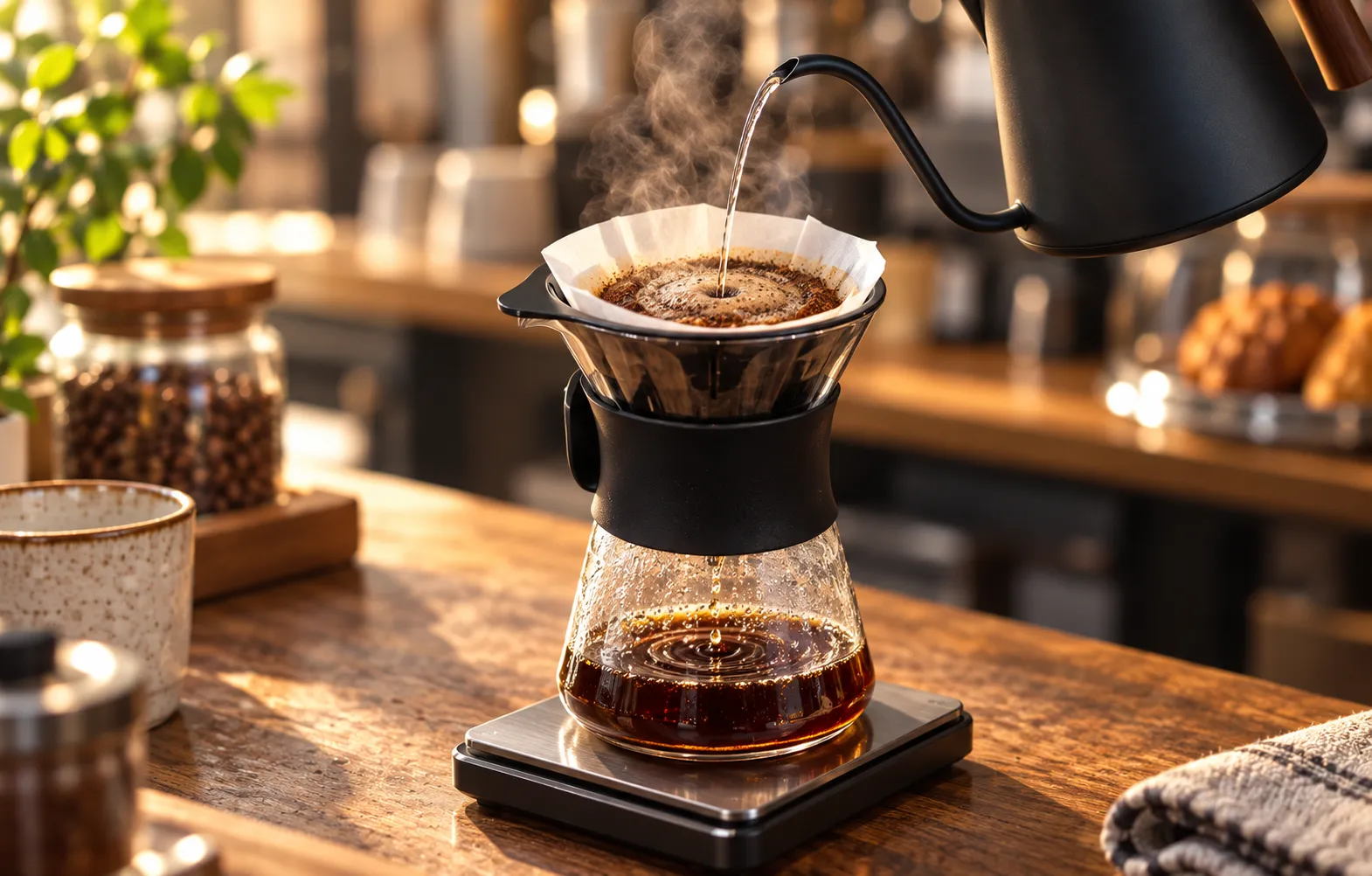 A pour-over station with a glass carafe, a gooseneck kettle and freshly ground coffee in a paper filter, steam rising