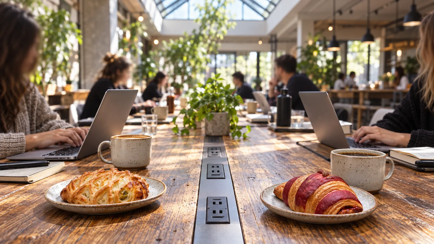 A long communal timber table with power outlets along its centre, laptops and coffee cups, under bright daylight from a large skylight