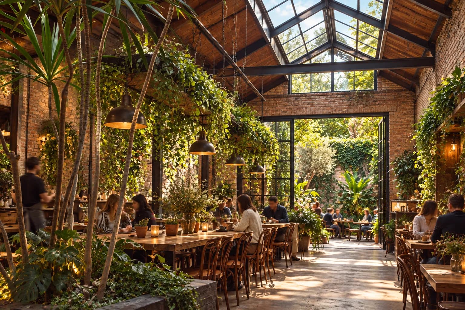 A converted warehouse café with a pitched roof, dramatic skylight, sunlit courtyard planting and hanging greenery over wooden tables