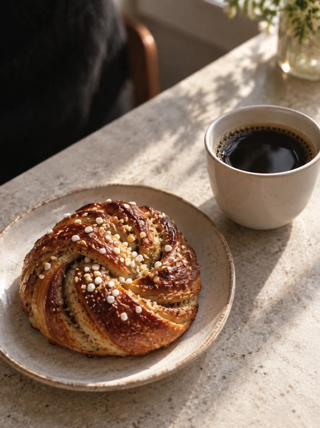 A cardamom bun with visible sugar crystals baked into its coiled surface, beside a small white cup of filter coffee on a pale counter