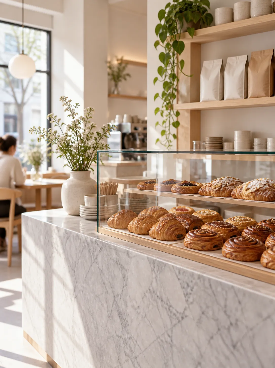 A bright minimalist bakery interior with pale timber shelving, a marble counter and a glass case of laminated pastries