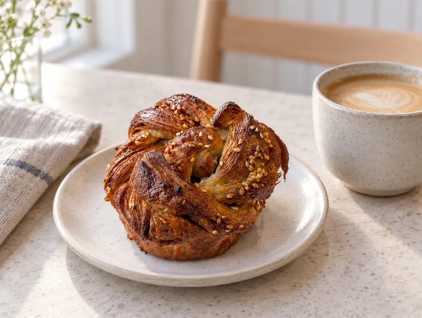 A knotted cardamom bun with a glossy sugar glaze and visible layers, on a small plate beside a cup of milky coffee
