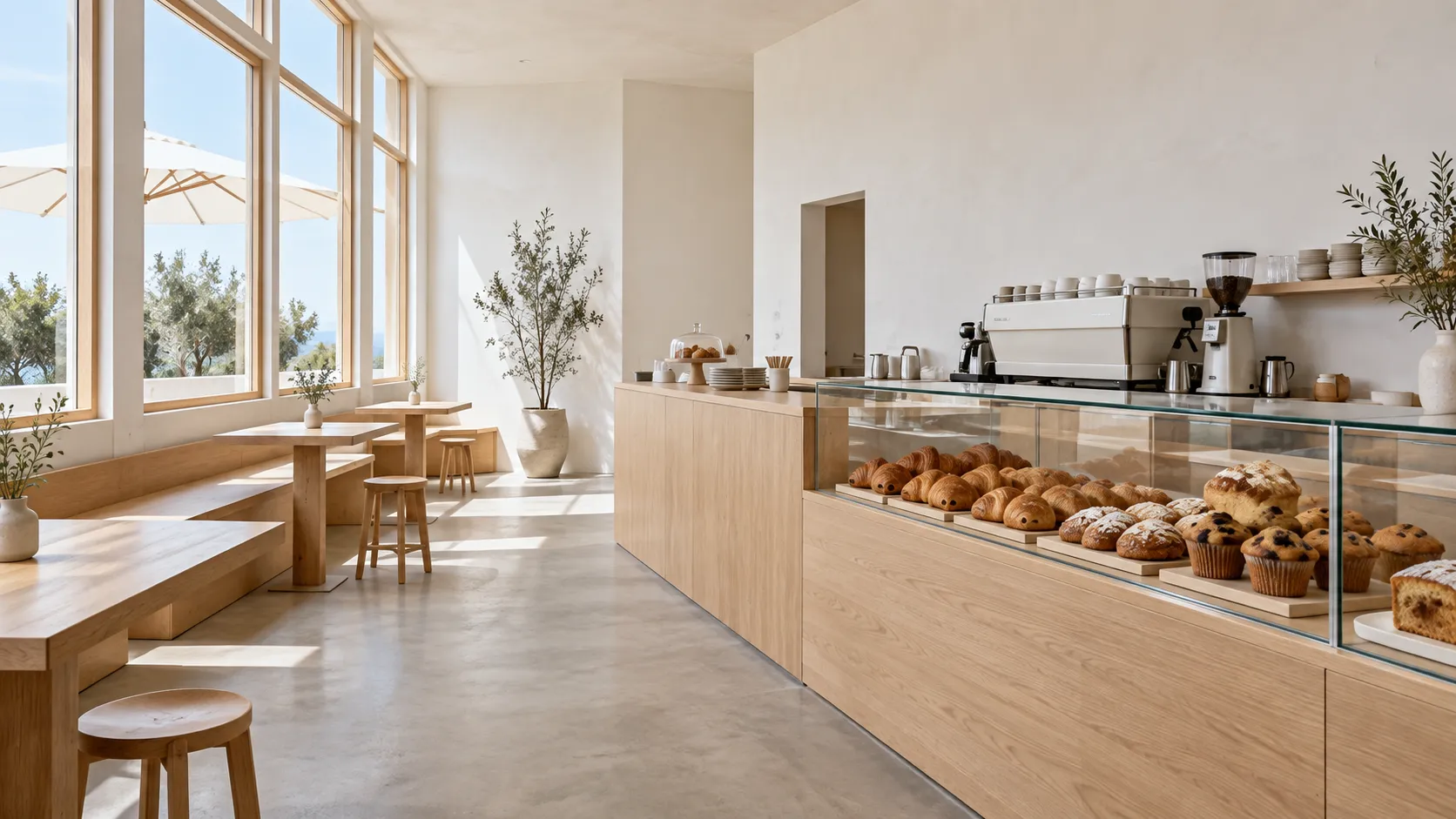 A pale minimalist cafe interior with light wood counters, white walls and a bakery case of pastries under glass