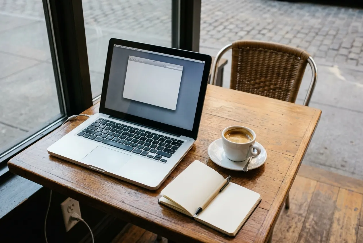 Laptop and coffee cup on wooden cafe table in New York