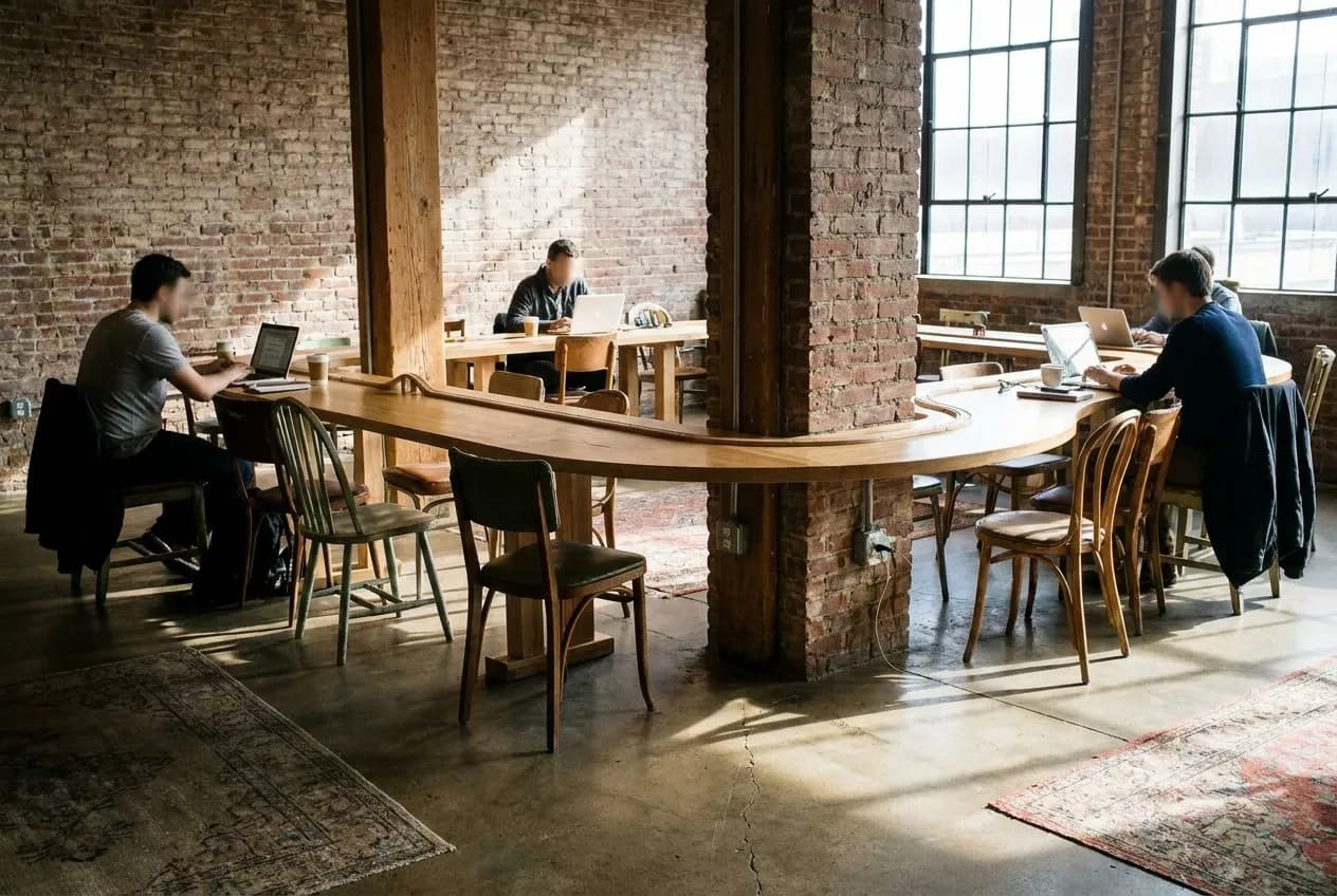 Communal work table inside a Brooklyn cafe with laptops and coffee