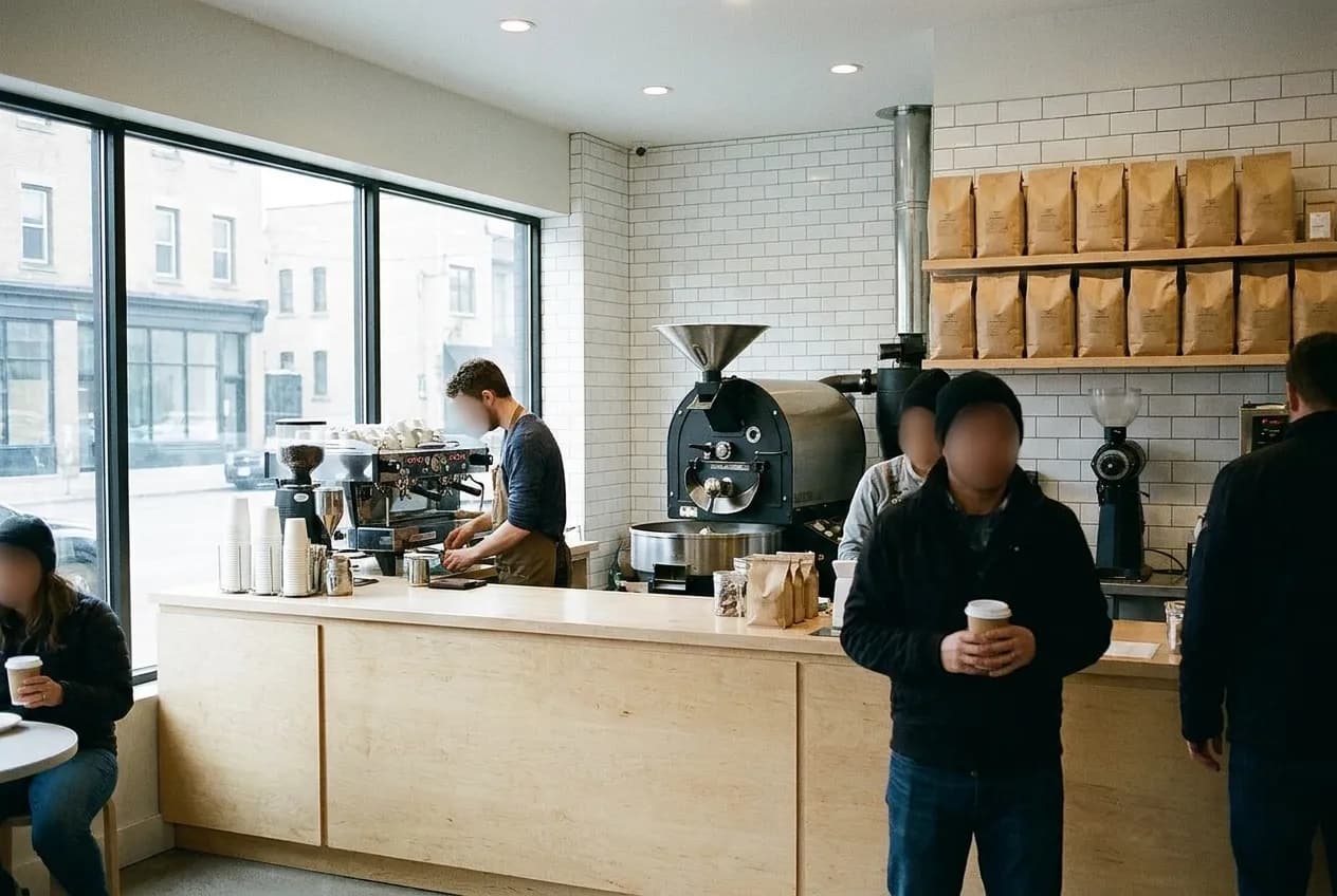 A wide, bright coffee roastery counter with a drum roaster and bags of beans behind a pale wooden bar