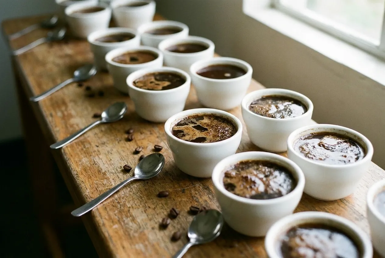A row of small white cupping bowls with tasting spoons laid out on a wooden bench in a coffee roastery lab