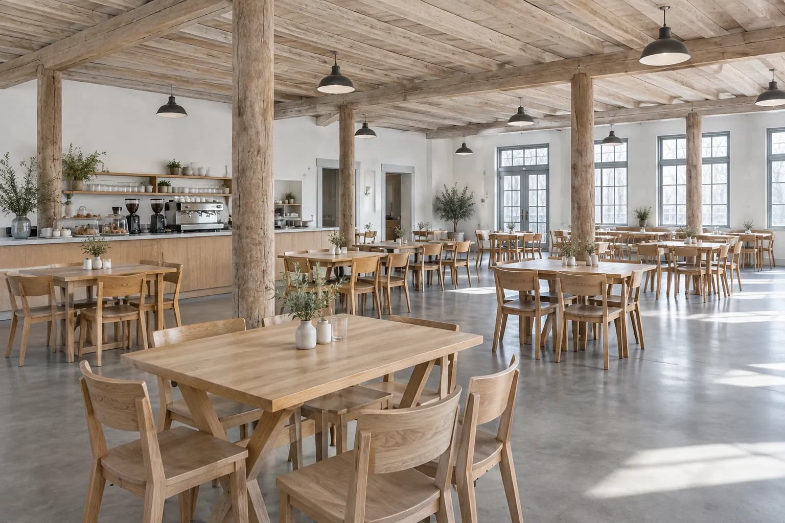 A spare white-walled cafe interior in early morning, pale wood tables widely spaced and tall industrial windows throwing soft light on an empty floor