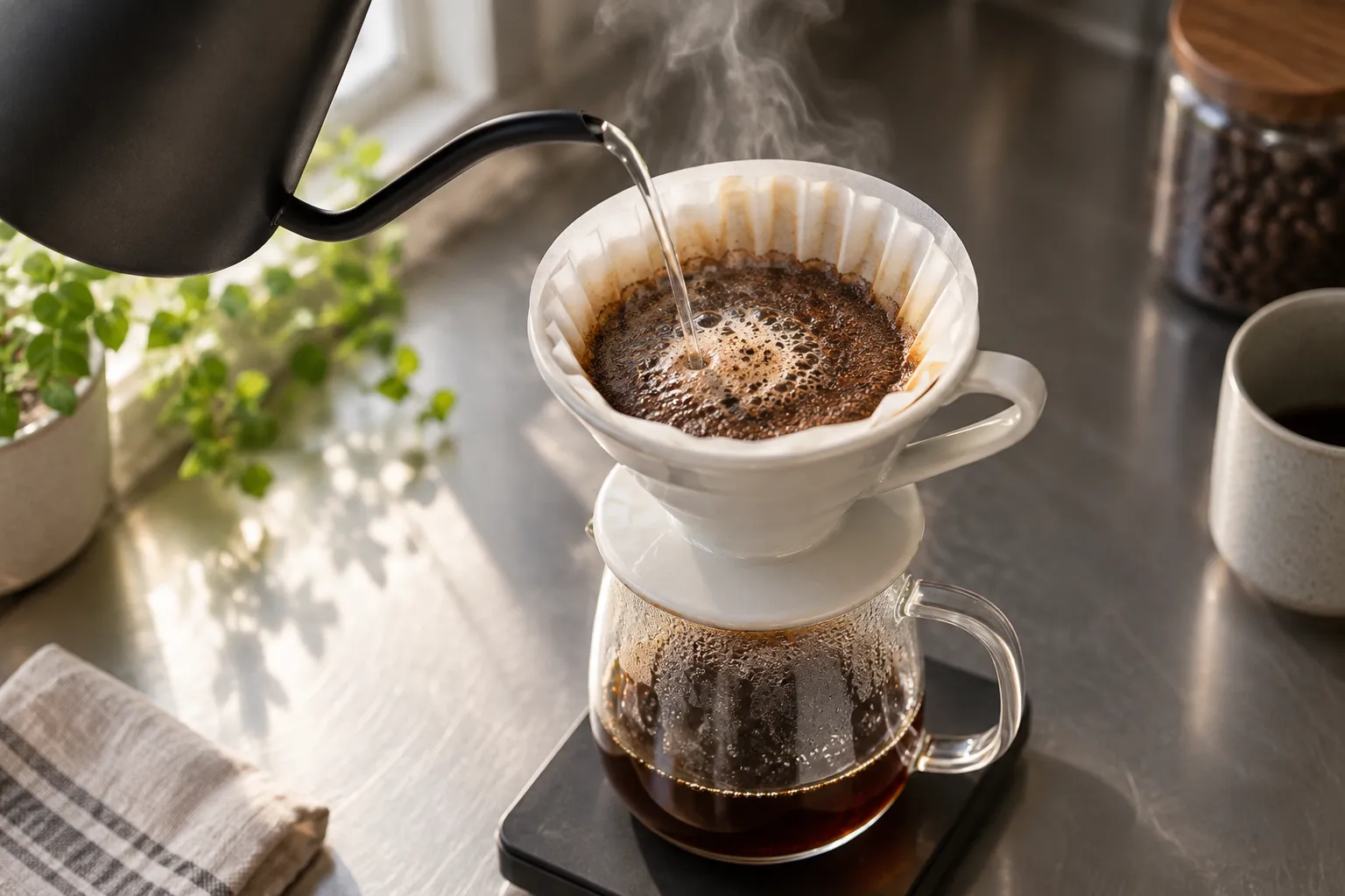A ceramic cone dripper over a glass carafe on a steel counter, coffee grounds blooming and steaming, a gooseneck kettle entering the frame