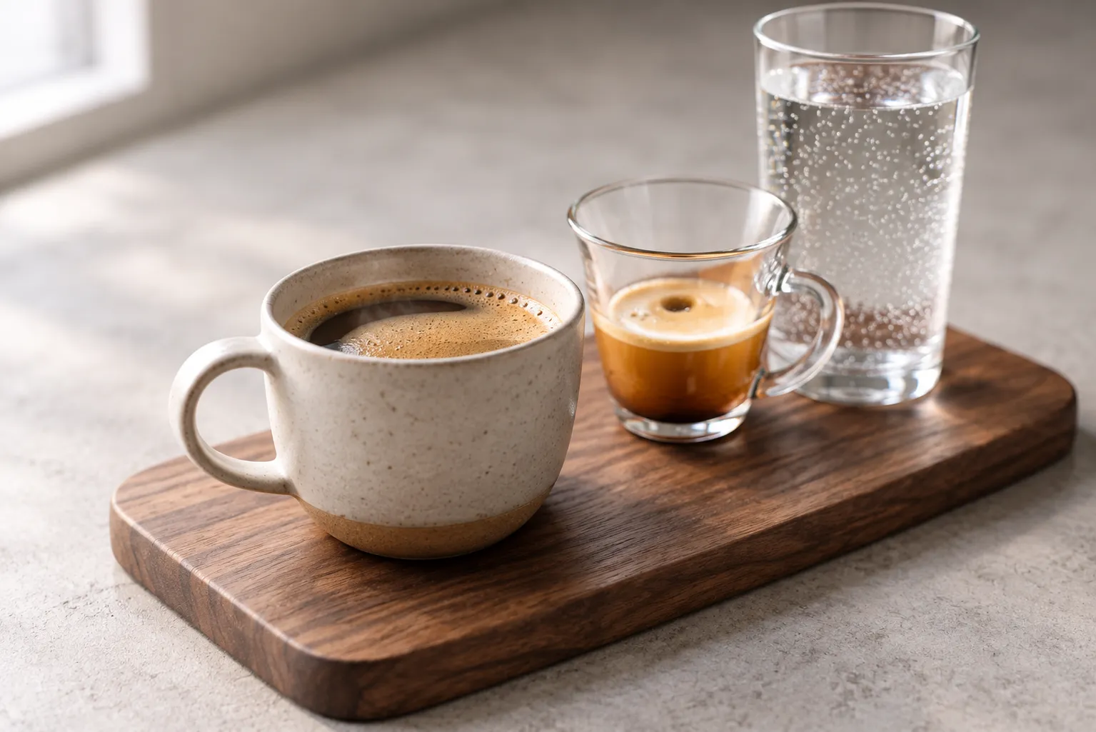 A coffee served on a walnut board with a small tasting cup beside the main cup and a glass of sparkling water