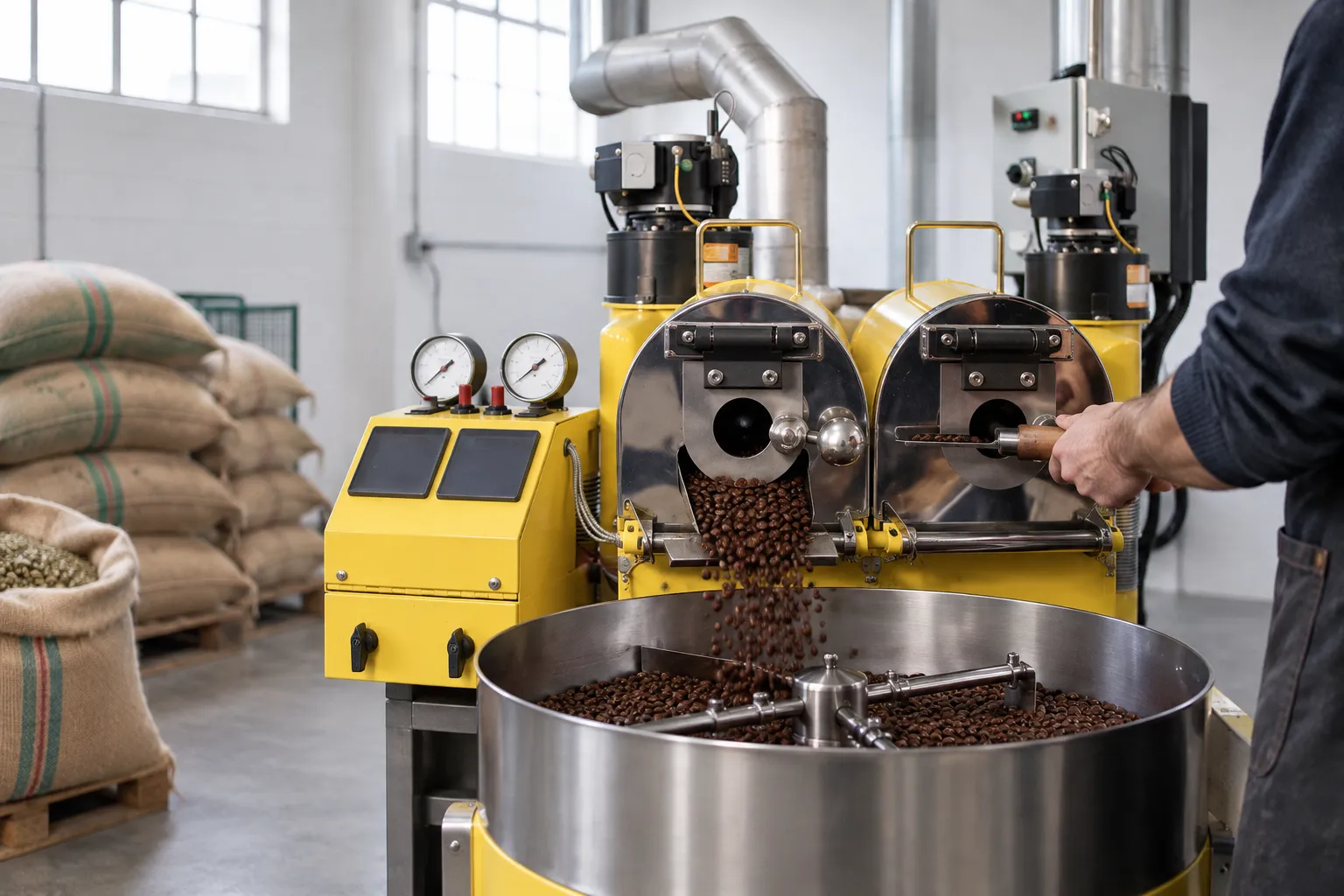 A drum coffee roaster in a bright industrial space with sacks of green beans stacked beside it