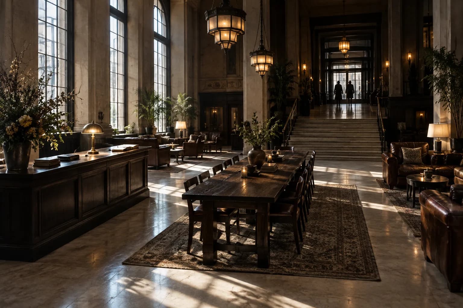 A dim high-ceilinged hotel lobby with a long communal table and worn leather sofas, hard daylight through tall windows on one side