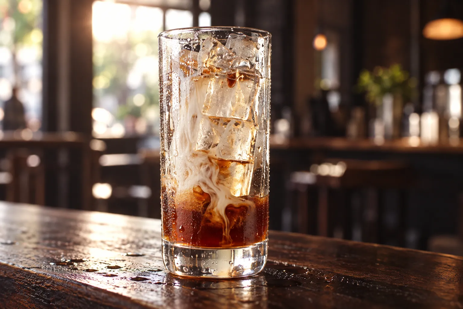 A tall backlit glass of cold coffee with milk settling through it in streaks, heavy condensation, on a dark wooden counter