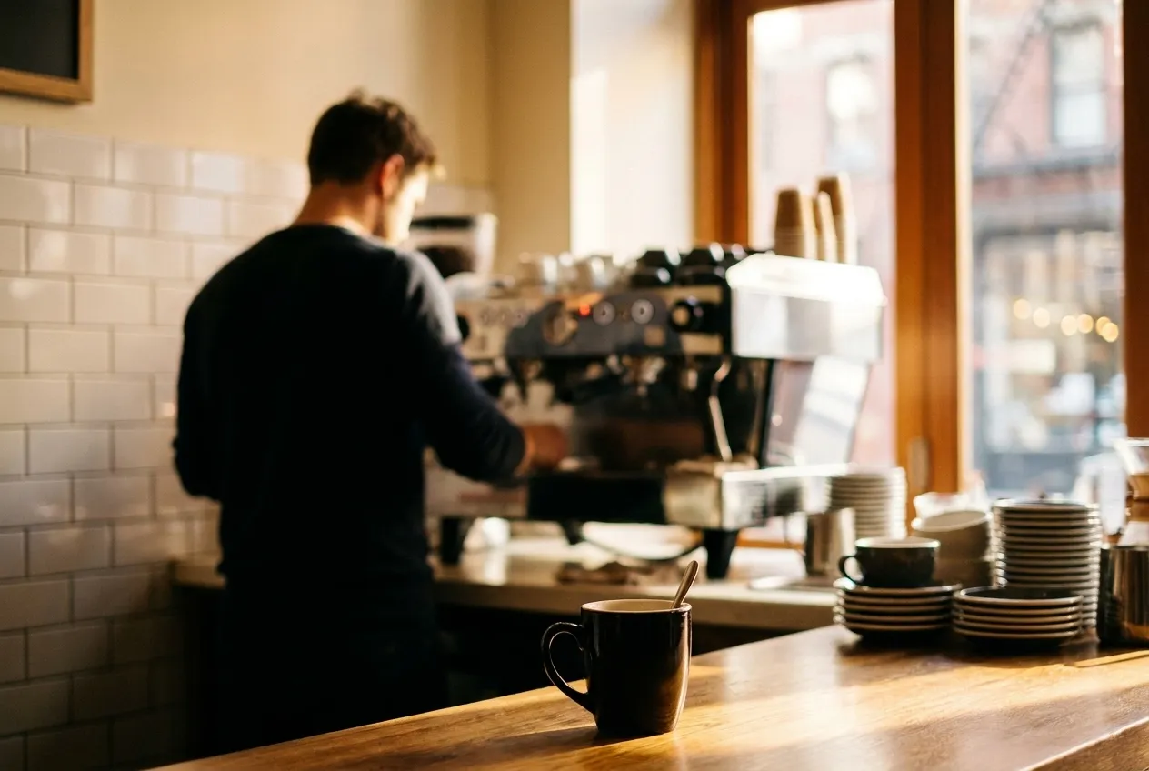 Interior view of a New York coffee shop counter with espresso machine and morning light