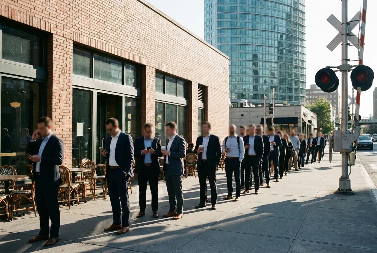 Morning queue of commuters waiting outside a New York City cafe