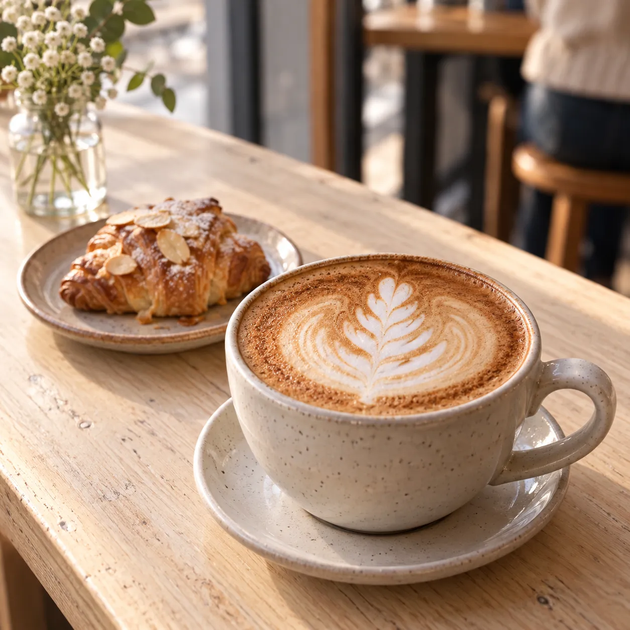 A cappuccino with a poured rosetta in a heavy ceramic cup on a pale wooden counter beside a small pastry on a plate