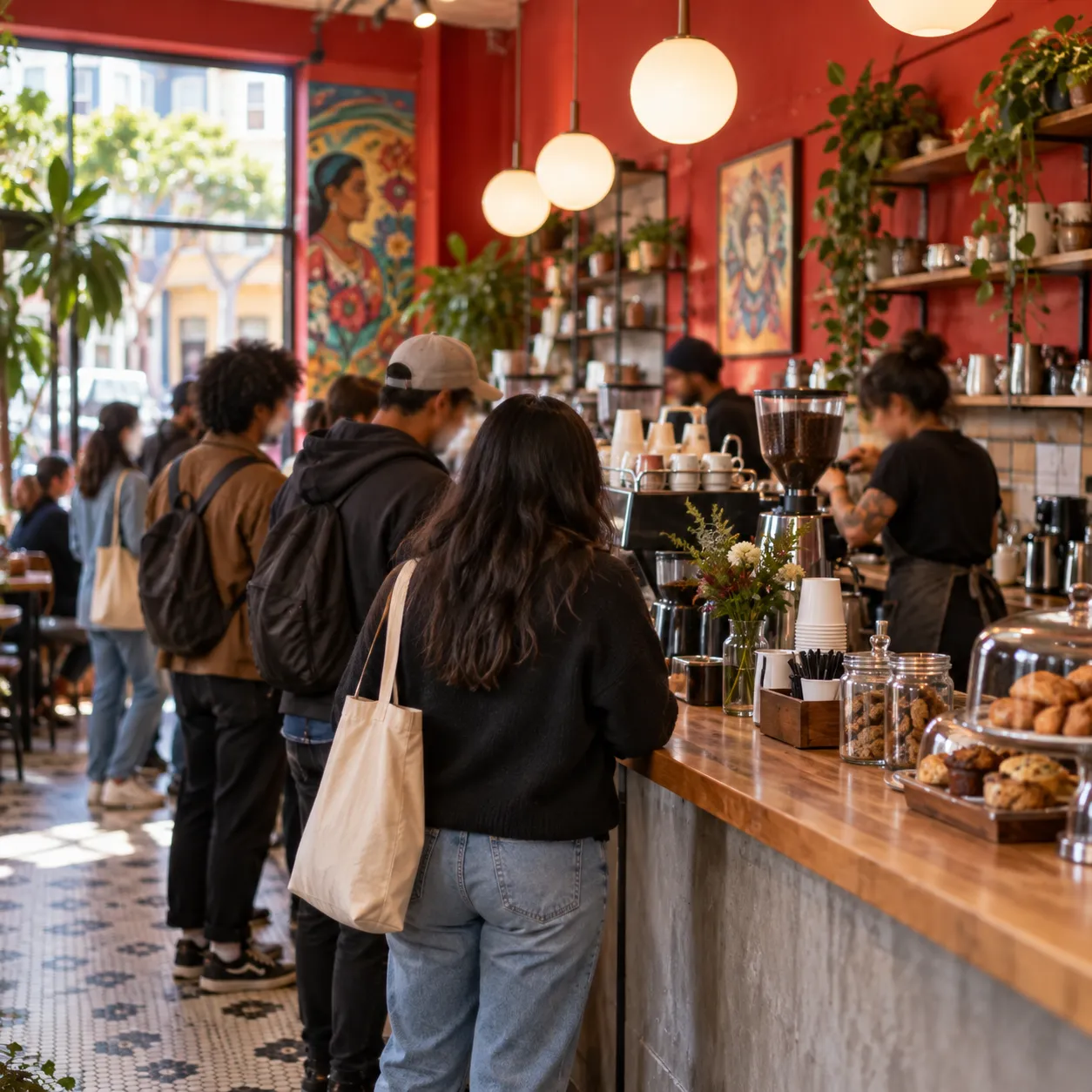 A busy Mission District coffee bar with a long service counter, red-accented interior and people standing waiting for drinks