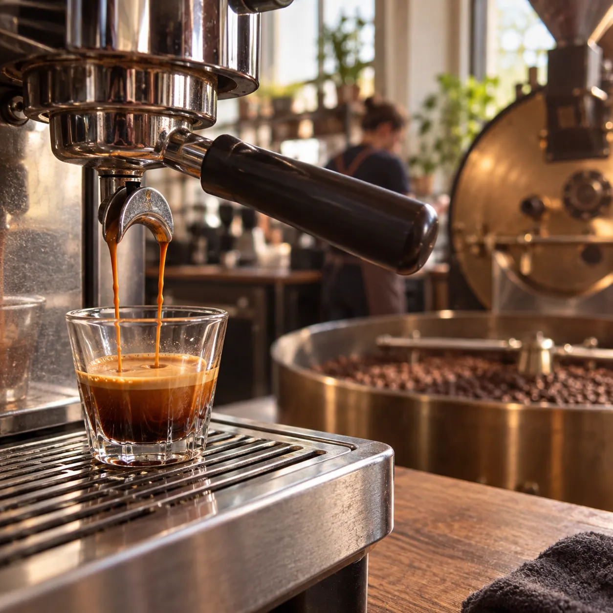 An espresso being pulled into a small glass cup at a coffee bar, with a burnished roasting drum visible in the background