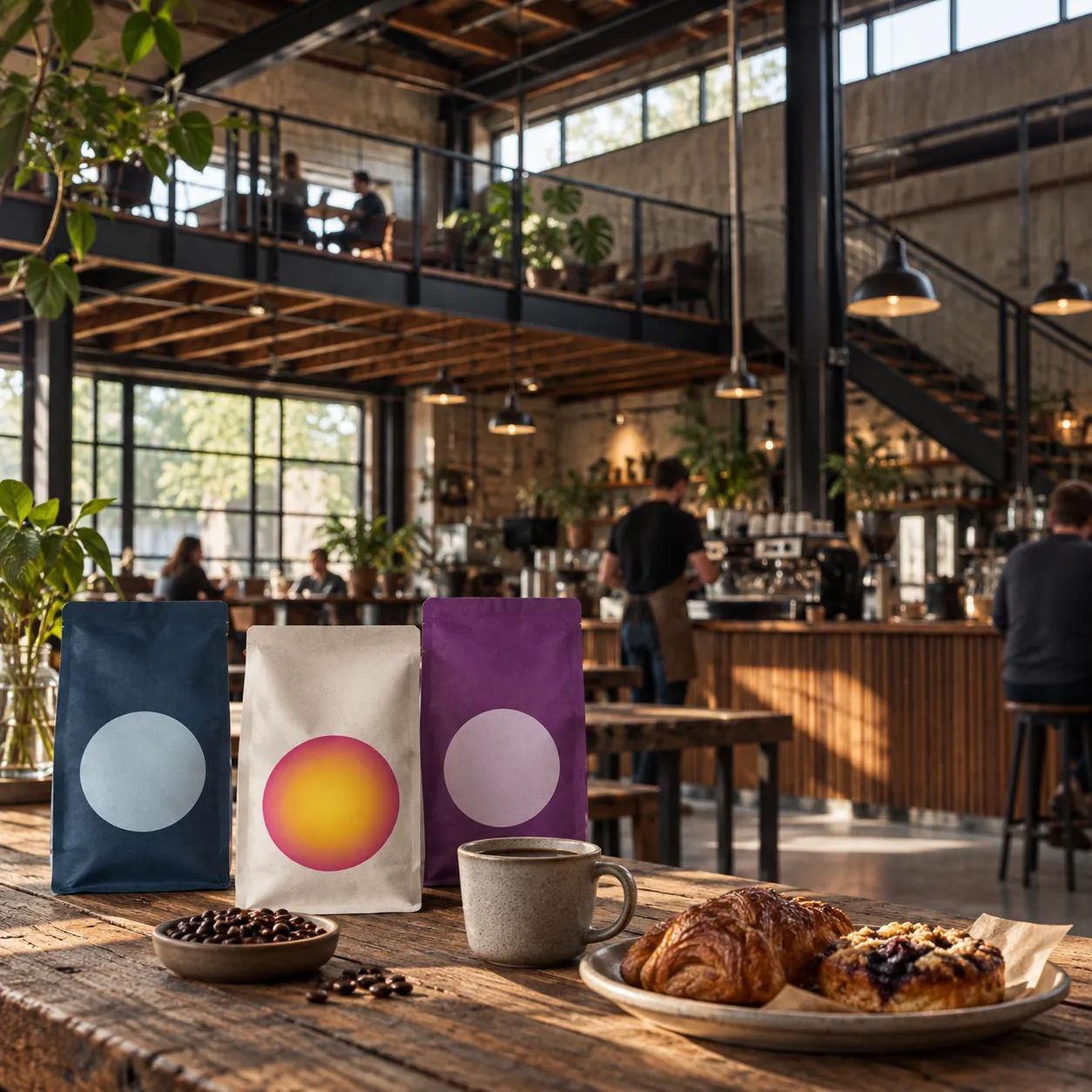 A double-height warehouse coffee bar with a mezzanine level, dark timber, industrial steelwork and daylight from clerestory windows