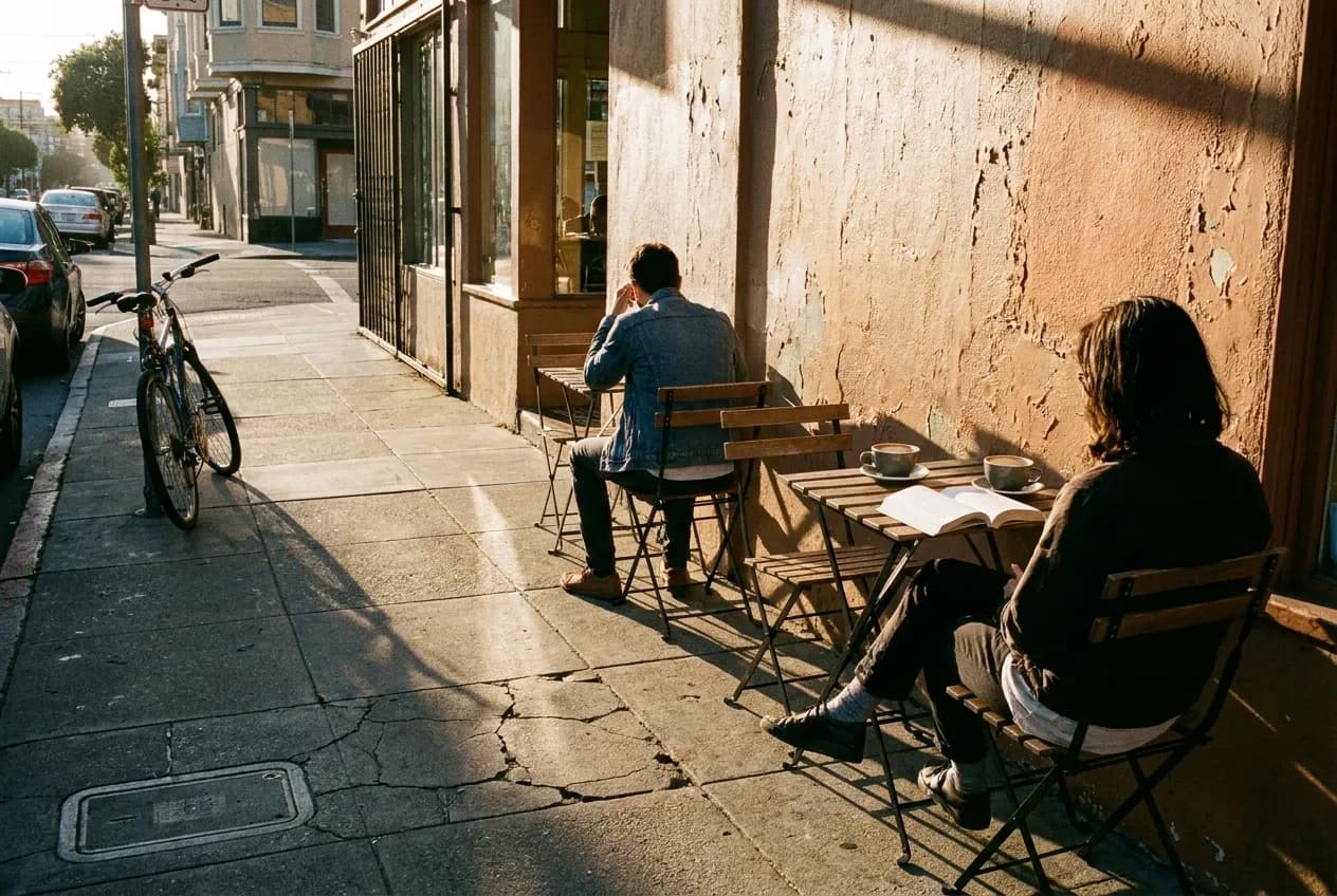 Sidewalk tables outside a Mission District café in afternoon sun