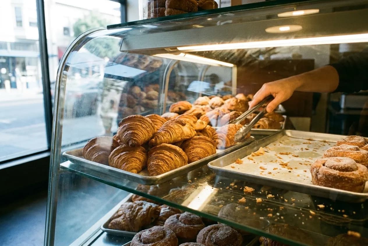 A bakery case of croissants and morning buns behind glass