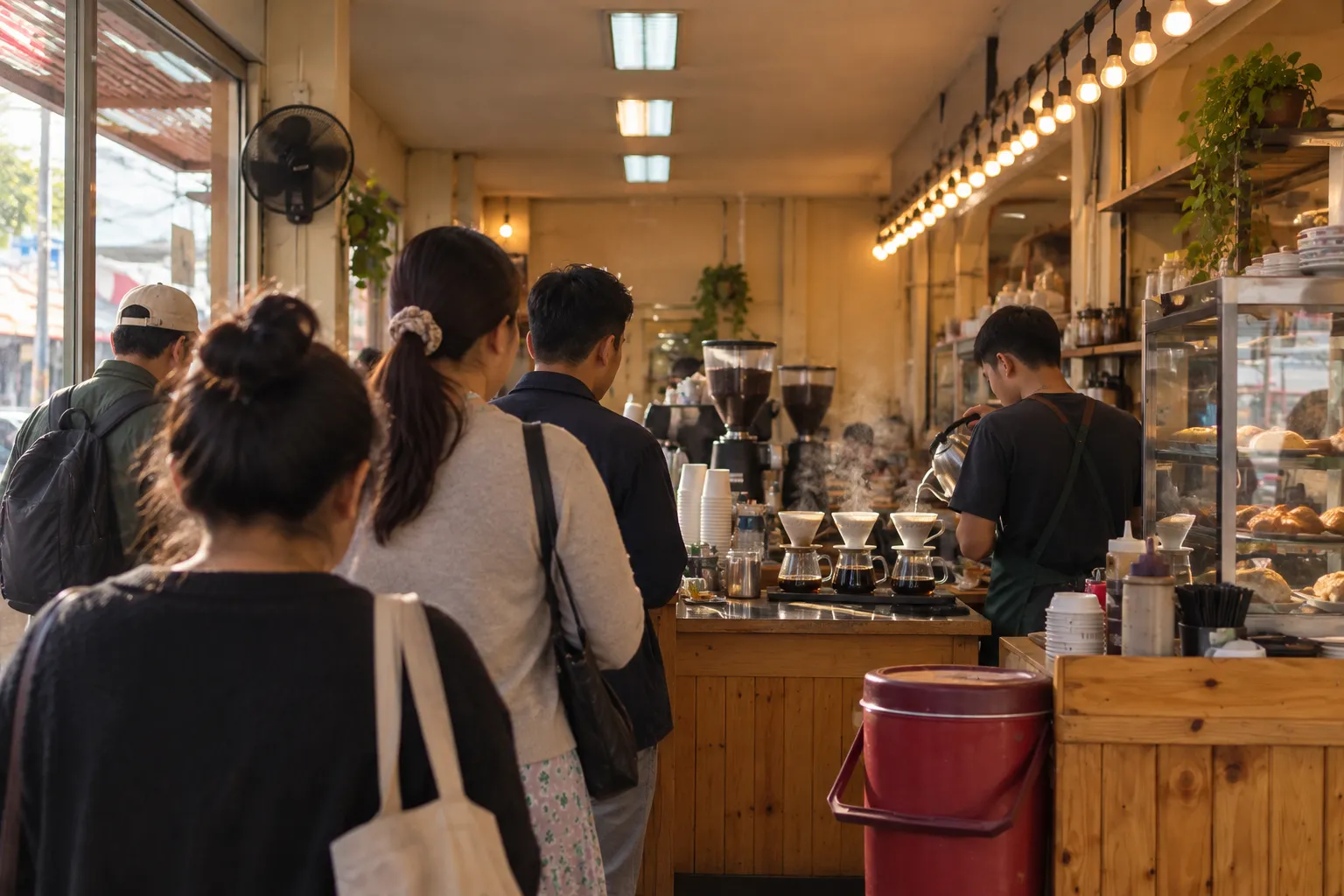 A busy cafe counter mid-morning with a short line of people seen from behind and a row of individual filter brewers steaming along the counter