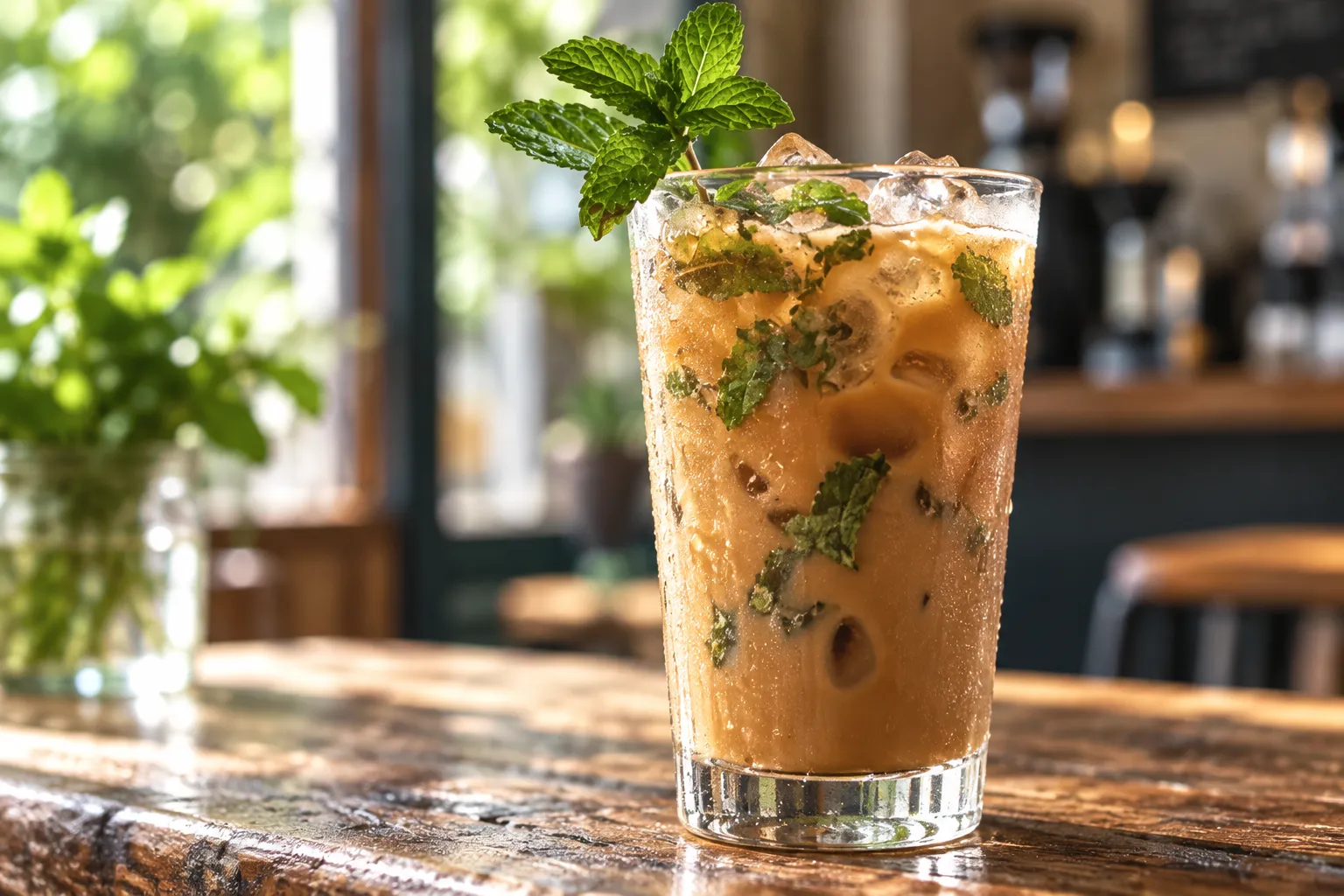 A tall clear cup of pale iced coffee with crushed mint leaves through it and a sprig on top, condensation on the glass on a wooden counter
