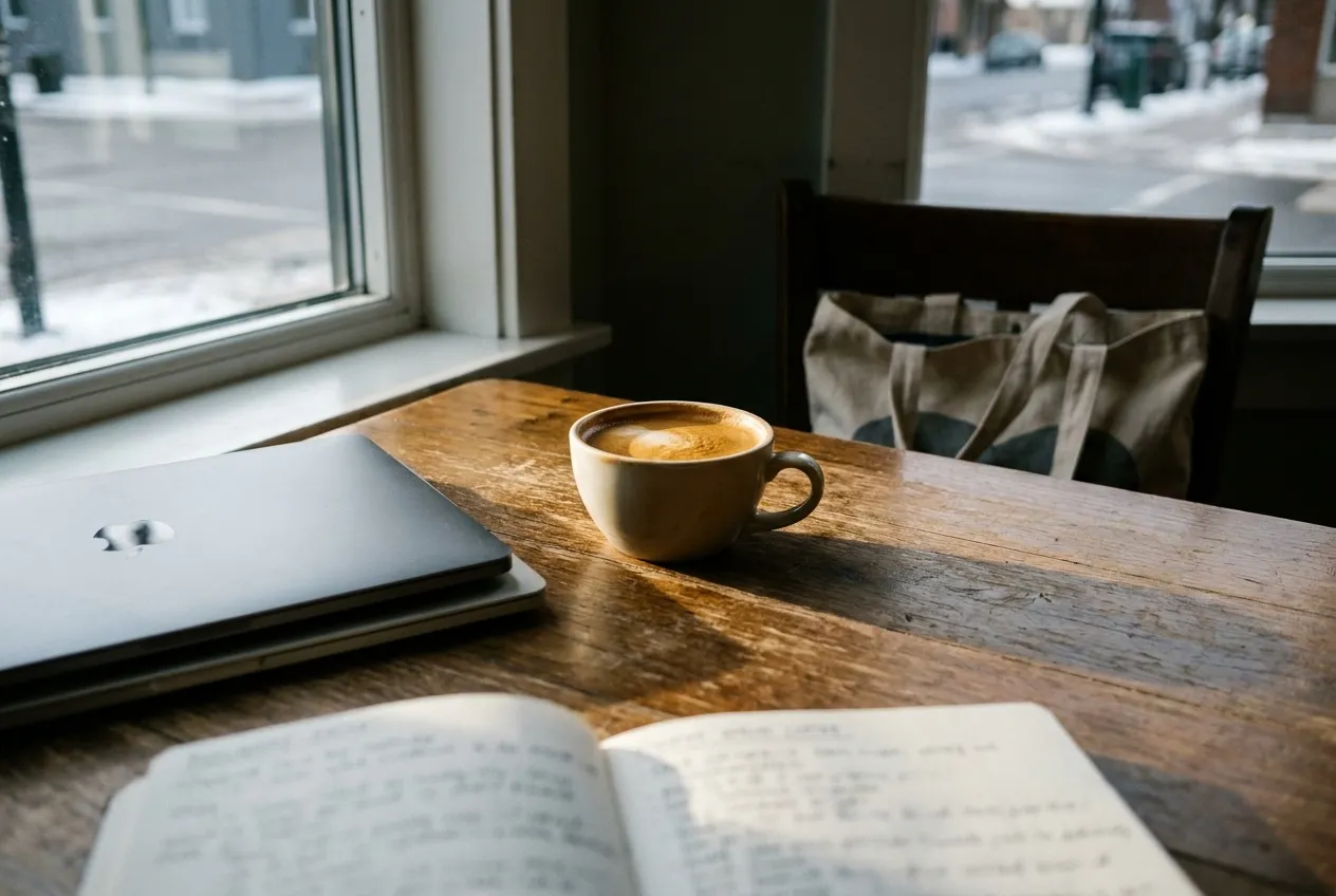 A café table with a notebook, a laptop and a flat white in early light